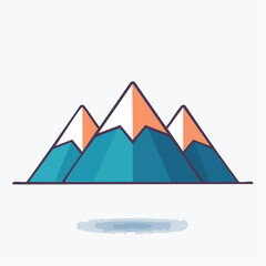 Three Stylized Mountains With Snow Capped Peaks In Blue Green And Orange Hues Under A White Sky With A Subtle Shadow Reflection Below