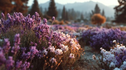 Lavender blooms in a field, backgrounded by misty trees and sun