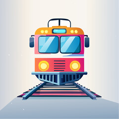 Vintage Train Engine Front View Traveling on Tracks in Soft Sunlight with Pink and Orange Hues and Blue Sky