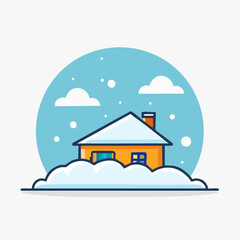 Orange House Covered In Snow During Winter Storm With Falling Snowflakes And Clouds In Blue Sky