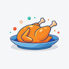 Golden Roasted Whole Chicken Served on a Blue Platter with Colorful Garnish Against a White Background