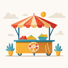 Colorful Fruit Stand With Red And White Striped Canopy Displaying Fresh Produce On A Sunny Day With Potted Plants On Each Side