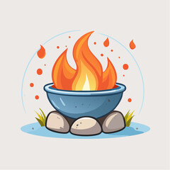 Pixel Art Fire Pit With Orange Flames And Glowing Embers On A Light Grey Background Surrounded By Rocks And Green Grass With Blue Water Droplets