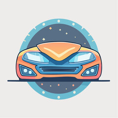 Orange and blue futuristic sports car front view inside a circular frame with starry background