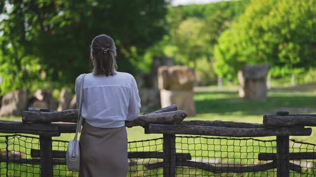 Woman visitor looking at animal enclosure in summer zoo.