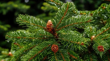 Fresh Evergreen Branch with Dew Drops and New Pine Cone Growth