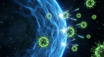 Blue Energy Shield Protecting Against Green Virus Cells Attack