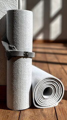 Rolled Yoga Mats on Wooden Floor.