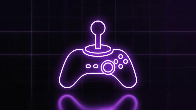 A neon purple glowing game controller icon on a dark grid background viewed straight on in 4K resolution