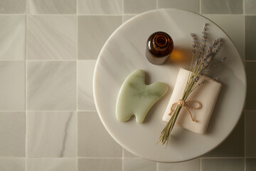 Gua sha tool, essential oil bottle, and lavender on a marble table for wellness and relaxation