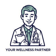 Friendly smiling male doctor illustration for wellness and healthcare