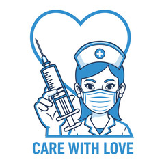 Caring nurse illustration holding syringe with heart shape background