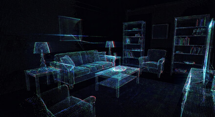 Futuristic Digital Hologram Living Room Interior with Wireframe Furniture