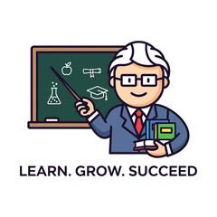 Cartoon professor teaching with chalkboard and books