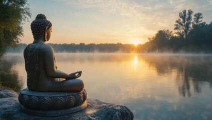 Buddha statue meditating peacefully by a misty lake at sunrise, reflecting golden light on the tranquil water with trees.
