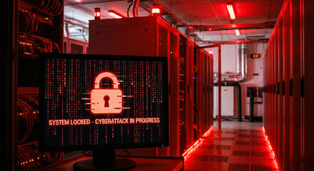 Server Room Monitor Displaying Red Cyberattack Warning Lock Screen
