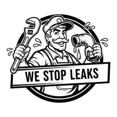 Retro plumber cartoon logo with we stop leaks slogan