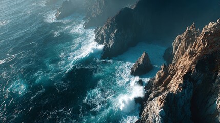 Rugged Cliffs and Waves Ocean Landscape.