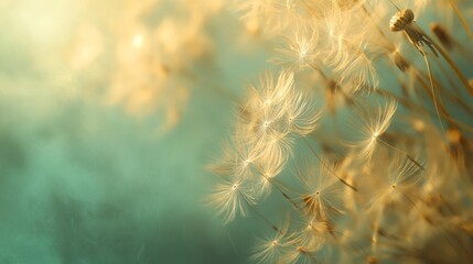 Dandelion seeds blowing away in the wind on a green background