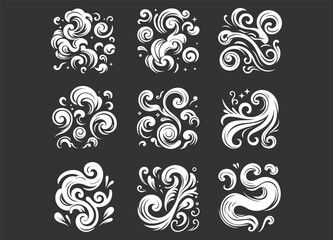 Collection of white smoke silhouettes with soft flowing shapes. Ideal for overlays, backgrounds, visual effects, posters, and creative design projects.