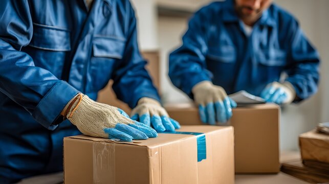Workers wearing blue overalls packing cardboard boxes, preparing for shipping