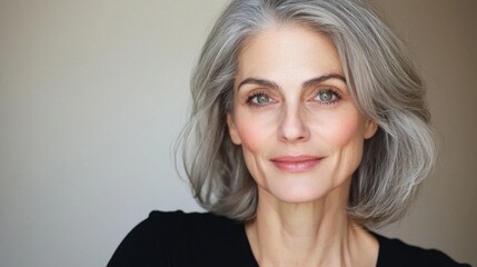 Naklejka premium Portrait of a Smiling Woman with Silver Hair and Radiant Skin