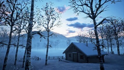 ethereal beauty log cabin misty valley dawn, bare winter trees, with soft sunlight filtering morning fog distant snow-capped Appalachian range atmospheric effects drifting mist, frost tree branches - Powered by Adobe