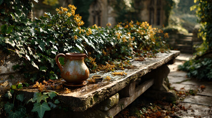 Rustic Garden Bench with Old Jug Surrounded by Foliage.