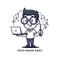 Cute cartoon boy with glasses holding laptop and screwdriver