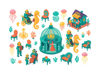 Fototapeta premium Magic underwater isometric icon set. featuring jellyfish, seahorses, musicians, dining, carriage, and dancing