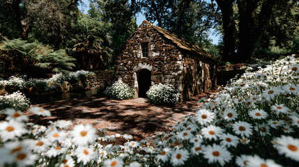 Rustic Stone Cottage Surrounded by White Flowers.
