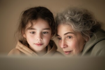 Young girl teaching grandmother how to use laptop, close-up, indoors, focused expressions