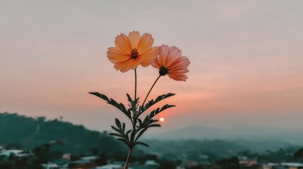 Orange Flowers Against Sunset Landscape Background.