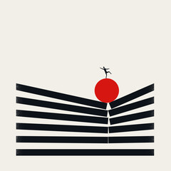 Business Risk and Market Instability Concept with Professional Balancing on Red Sphere Amid Falling Barriers. Minimal Vector Illustration