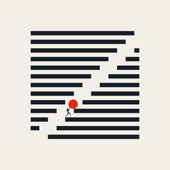 Ambitious Business Woman Pushing Red Ball Up Stairs Representing Emancipation Growth and Career Development Success. Minimalist Vector Concept Illustration