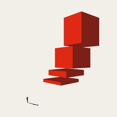 Business Growth and Scalability Concept with Man Looking at Giant Red Stairs for Career Path and Achievement. Minimalist Vector Conceptual Illustration