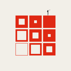 Business Woman Finding Successful Solution and Accomplishment While Looking Through Telescope Over Grid Structure. Minimalist Vector Concept Illustration