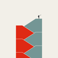 Successful Business Woman on Top of Geometric Stairs for High Vision and Professional Career Accomplishment Concept. Minimalist Vector Conceptual Illustration