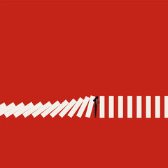 Plakat Resilient Business Woman Stopping Falling Dominoes Under Pressure to Prevent Crisis and Combat Career Discrimination. Minimalist VEctor Concept Illustration