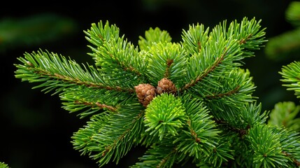 Close-Up View of Pine Branch with Green Needles and Cones