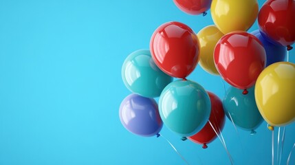 A vibrant collection of colorful balloons floats against a bright blue backdrop, creating a festive and cheerful atmosphere, perfect for celebrations and joyous occasions