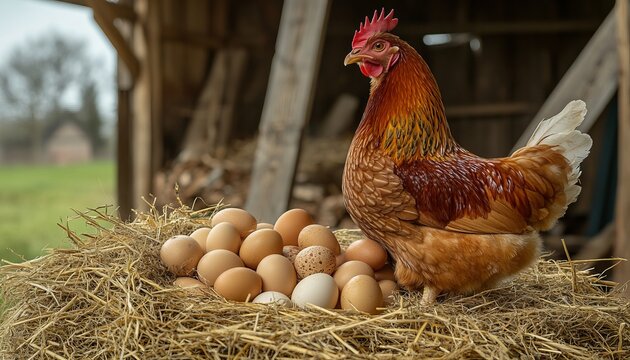 Majestic hen proudly guarding her nest, embodying the tranquility of rural life and nature s bounty. - Powered by Adobe