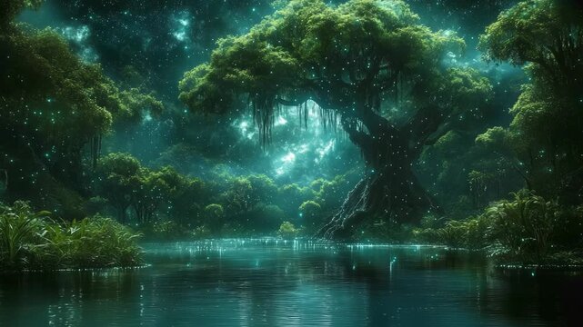 A magical Tree of Life glows in an enchanted forest at night, surrounded by shimmering fireflies and a serene river. This beautiful fantasy landscape is perfect for meditation or relaxation