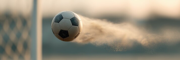 Soccer ball flies into goal net, creating dust cloud behind it. Dynamic action shot with motion blur on a sunny day
