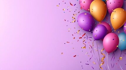 Vibrant balloons and confetti on pastel purple background
