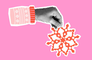Halftone vector hand holding a snowflake, fun winter collage for posters and invitations