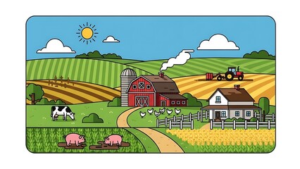Flat Style Detailed Countryside Farm with Animals and Buildings Landscape Illustration