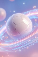 Fototapeta premium White cloud dancer sport ball, soccer or volleyball, surrounded by dynamic, swirling neon light trails and sparkling bokeh effect on pastel gradient background, vibrant and futuristic atmosphere