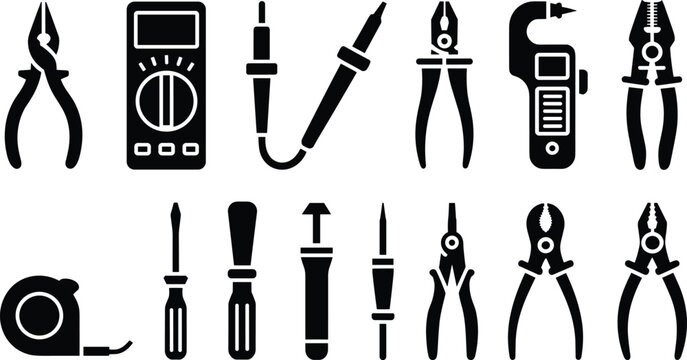 Black electrical tools silhouette icons set featuring electronics repair equipment vector collection for technician electrician workshop design branding