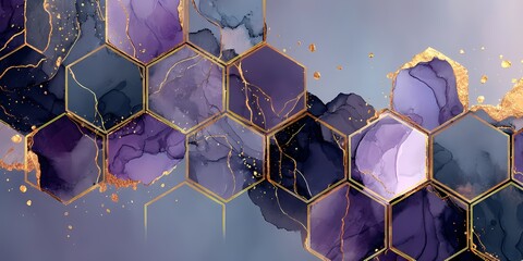 Abstract geometric design with hexagonal shapes and watercolor elements in purple and gold tones.